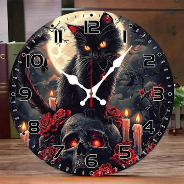 Gothic Black Cat & Skull Wall Clock Halloween Wall Decor-MoonChildWorld
