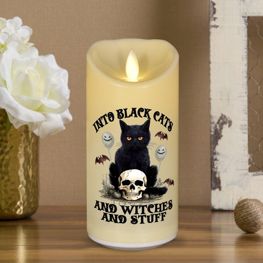 Gothic Black Cat & Skull Witchy Halloween Flameless LED Candle-MoonChildWorld