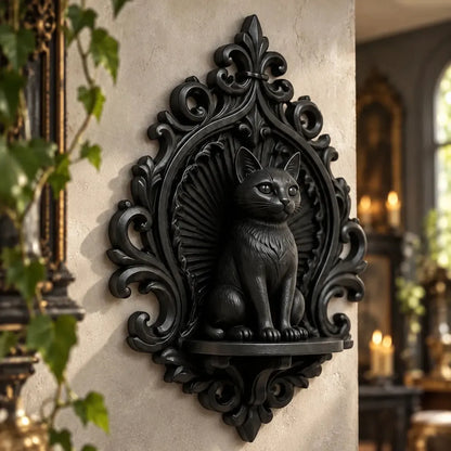 Black cat wall shelf angled view showing seated cat and ledge in a bright gothic room