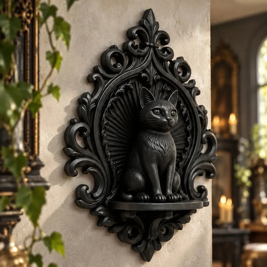 Black cat wall shelf angled view showing seated cat and ledge in a bright gothic room