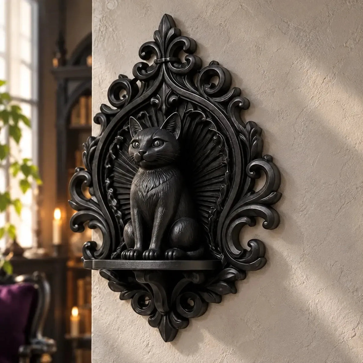 Black cat wall shelf angled view showing seated cat and ledge in a bright gothic room