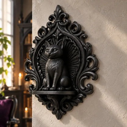 Black cat wall shelf angled view showing seated cat and ledge in a bright gothic room