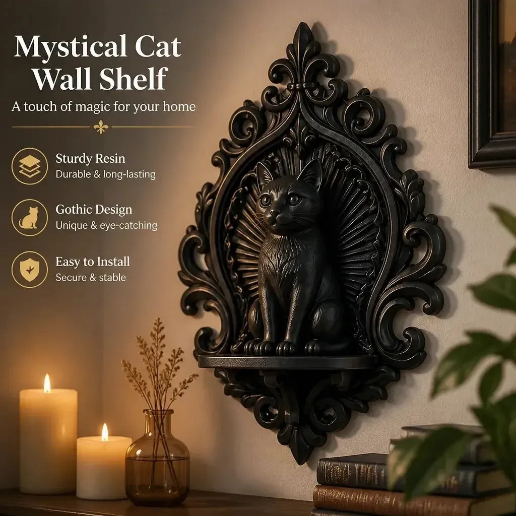 Gothic black cat wall shelf front view with ornate surround in a bright gothic room