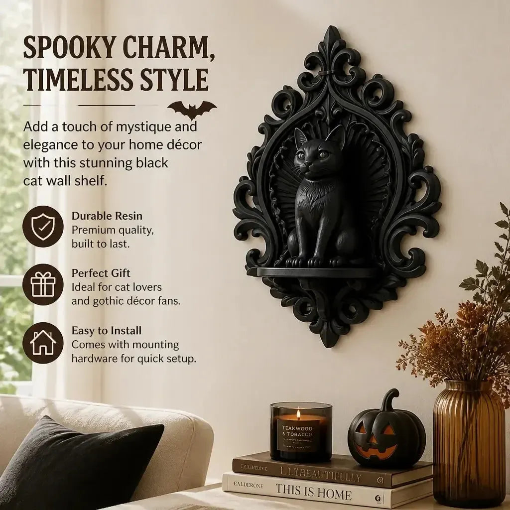 Black cat wall shelf opposite angled view showing cat relief in a bright gothic room