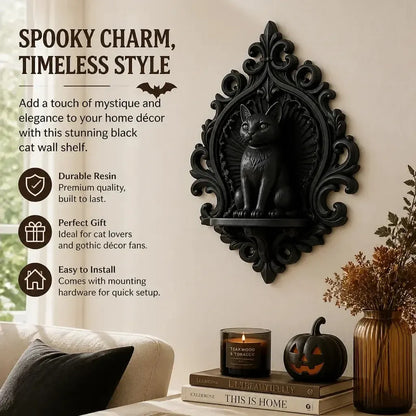 Black cat wall shelf opposite angled view showing cat relief in a bright gothic room