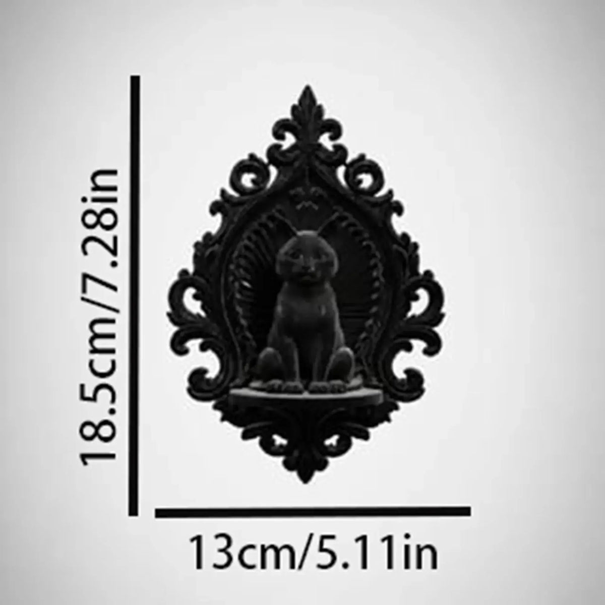 Black cat wall shelf dimension diagram, 13 cm wide and 18.5 cm high