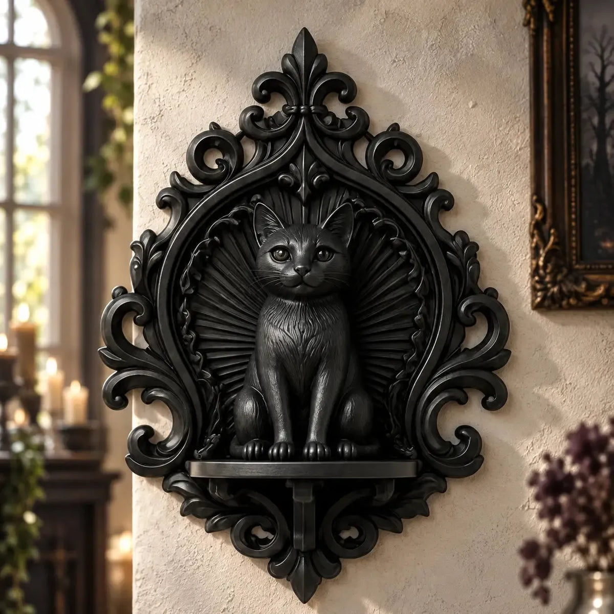 Gothic black cat wall shelf front view with ornate surround in a bright gothic room