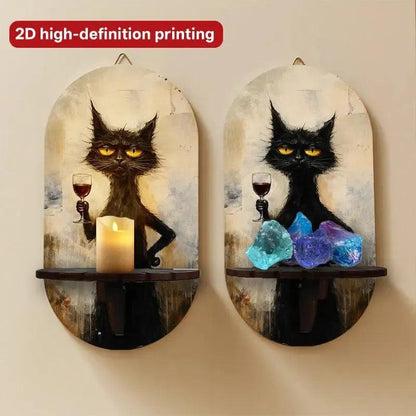 Gothic Black Cat Wall Shelf for Crystals & Candles – Wooden Halloween Floating Shelf Witchy Altar Decor-MoonChildWorld