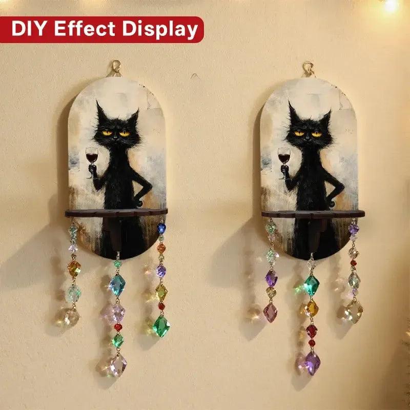 Gothic Black Cat Wall Shelf for Crystals & Candles – Wooden Halloween Floating Shelf Witchy Altar Decor-MoonChildWorld