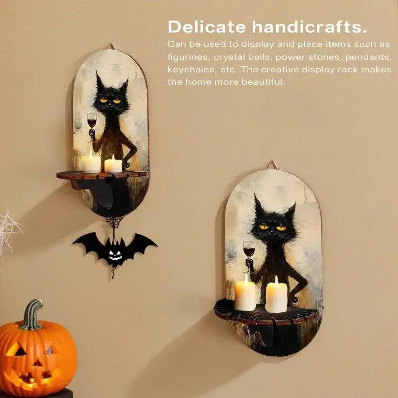 Gothic Black Cat Wall Shelf for Crystals & Candles – Wooden Halloween Floating Shelf Witchy Altar Decor-MoonChildWorld
