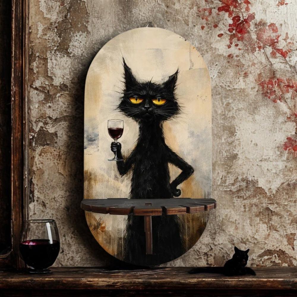 Gothic Black Cat Wall Shelf for Crystals & Candles – Wooden Halloween Floating Shelf Witchy Altar Decor-MoonChildWorld