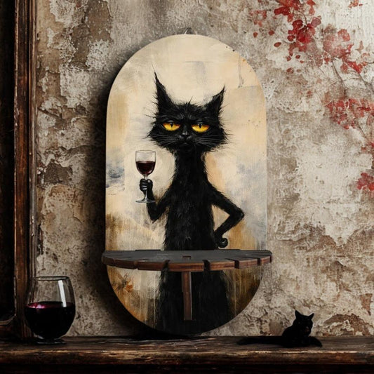 Gothic Black Cat Wall Shelf for Crystals & Candles – Wooden Halloween Floating Shelf Witchy Altar Decor-MoonChildWorld