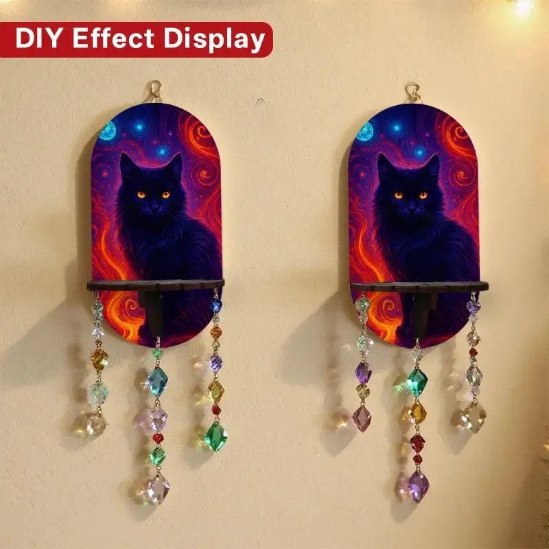 Gothic Black Cat Wall Shelf for Crystals & Candles – Wooden Mystical Floating Shelf Witchy Altar Decor-MoonChildWorld