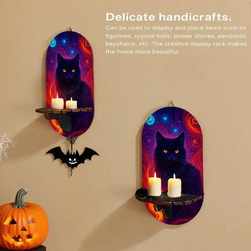 Gothic Black Cat Wall Shelf for Crystals & Candles – Wooden Mystical Floating Shelf Witchy Altar Decor-MoonChildWorld