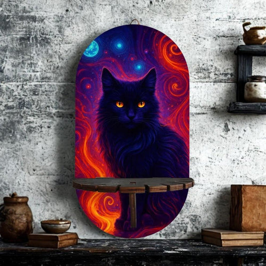 Gothic Black Cat Wall Shelf for Crystals & Candles – Wooden Mystical Floating Shelf Witchy Altar Decor-MoonChildWorld