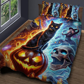 Gothic Black Cat Witchy Quilt Bedding Set for Halloween-MoonChildWorld