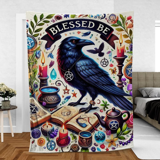 Gothic Black Crow Wicca Raven Blanket Blessed Be Witchy Blanket-MoonChildWorld