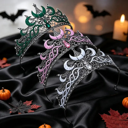 Gothic Black Moon & Spider Tiara, Witch Halloween Headdress, product view 3 of 9