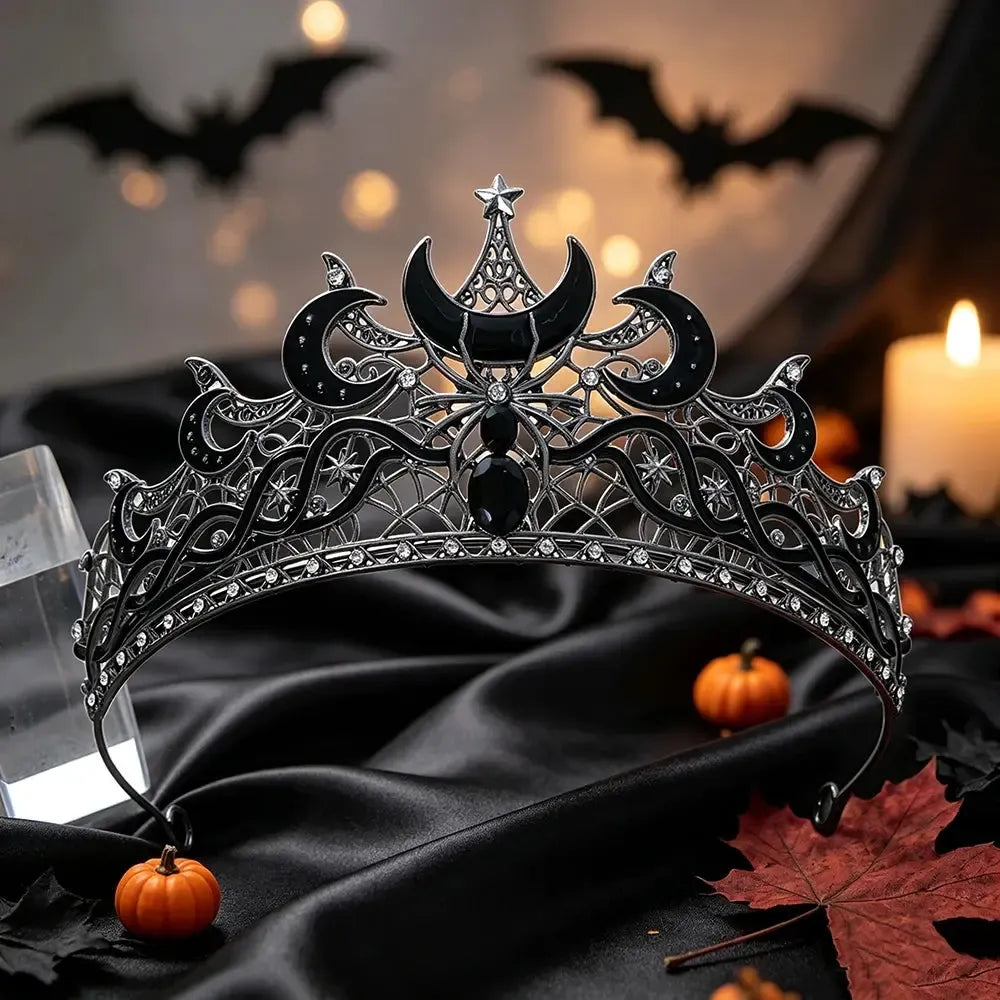 Gothic Black Moon & Spider Tiara, Witch Halloween Headdress, product view 8 of 9