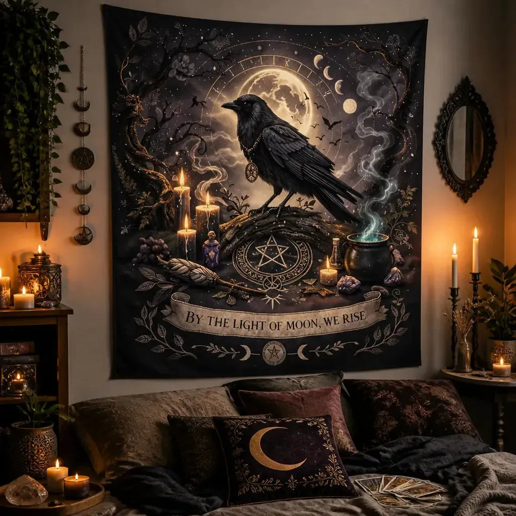 Gothic Black Raven Tapestry – Dark Pagan Witch Wall Hanging_mockup_1.webp