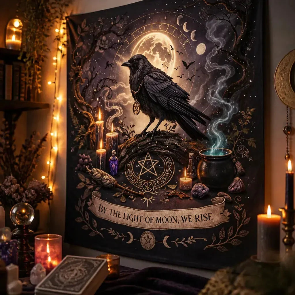 Gothic Black Raven Tapestry – Dark Pagan Witch Wall Hanging_mockup_3.webp