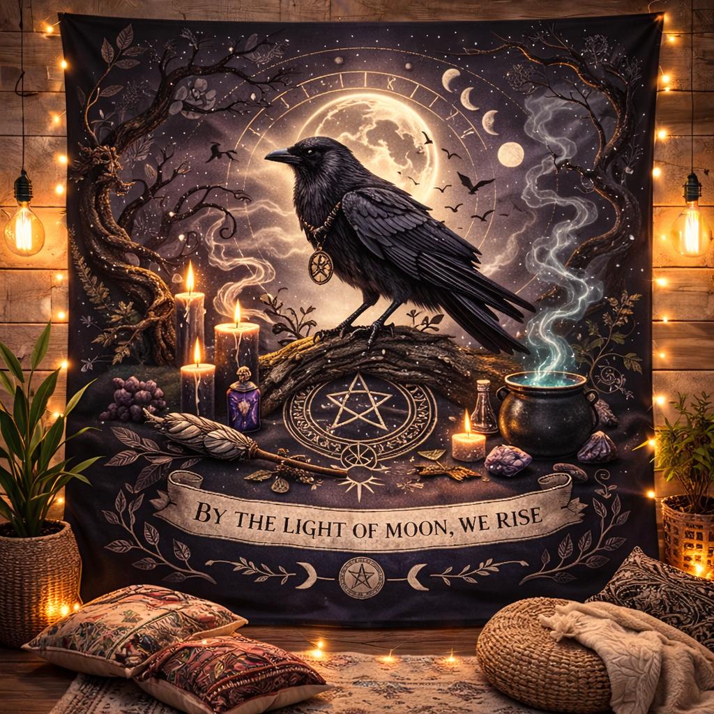 Gothic Black Raven Tapestry – Dark Pagan Witch Wall Hanging-MoonChildWorld