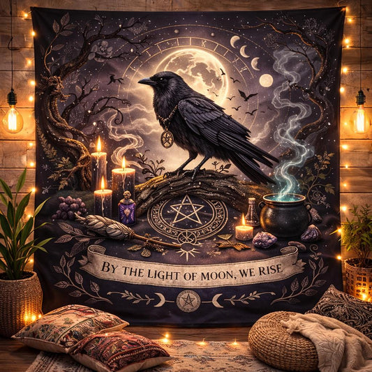Dark pagan raven tapestry with a full moon, candles, cauldron, and pentagram, "By the Light of Moon, We Rise" banner.