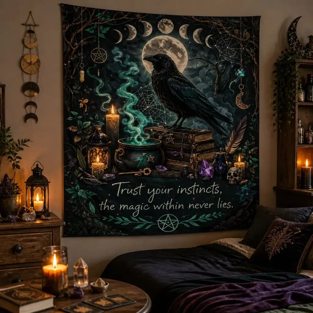 Gothic Black Raven Witchy Crow Tapestry with Moon Phases Halloween Wall Hanging for Wiccan, Pagan_mockup_1.webp