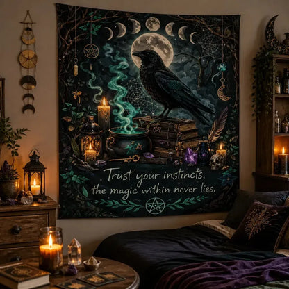 Gothic Black Raven Witchy Crow Tapestry with Moon Phases Halloween Wall Hanging for Wiccan, Pagan_mockup_1.webp