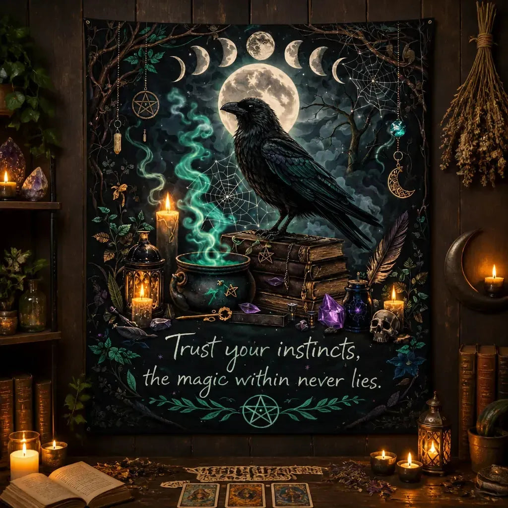 Gothic Black Raven Witchy Crow Tapestry with Moon Phases Halloween Wall Hanging for Wiccan, Pagan_mockup_2.webp