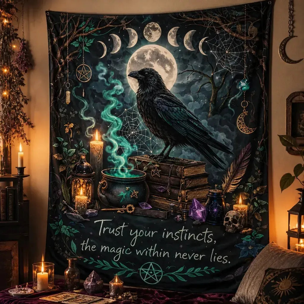 Gothic Black Raven Witchy Crow Tapestry with Moon Phases Halloween Wall Hanging for Wiccan, Pagan_mockup_3.webp