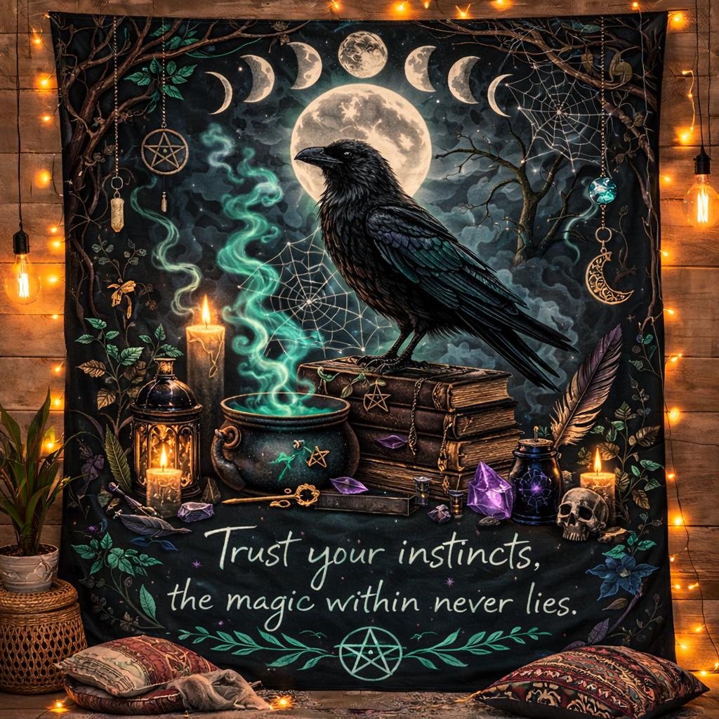 Gothic black raven tapestry with moon phases, a cauldron, candles, and "Trust your instincts" text.