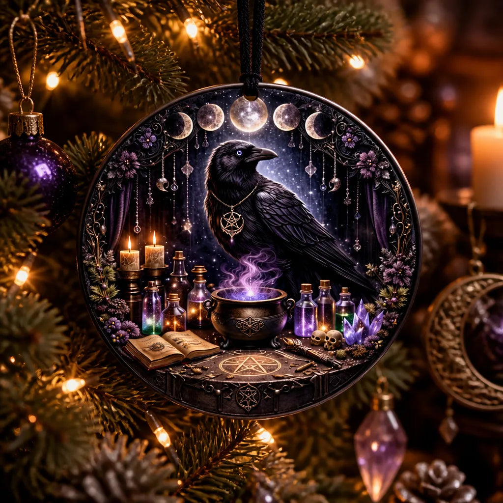Gothic Black Raven Yule Ceramic Ornament with Moon Phase – Witchy Crow Christmas Ornament_mockup_1.webp