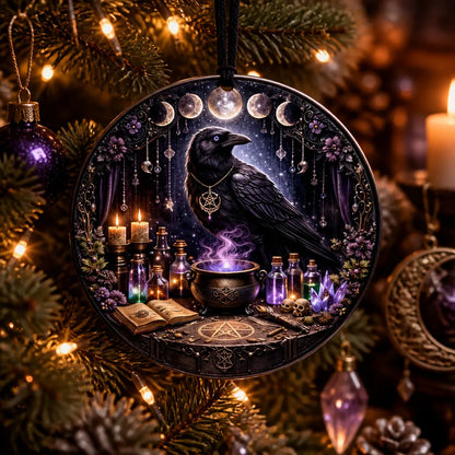 Gothic Black Raven Yule Ceramic Ornament with Moon Phase – Witchy Crow Christmas Ornament_mockup_1.webp