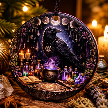 Gothic Black Raven Yule Ceramic Ornament with Moon Phase – Witchy Crow Christmas Ornament_mockup_2.webp