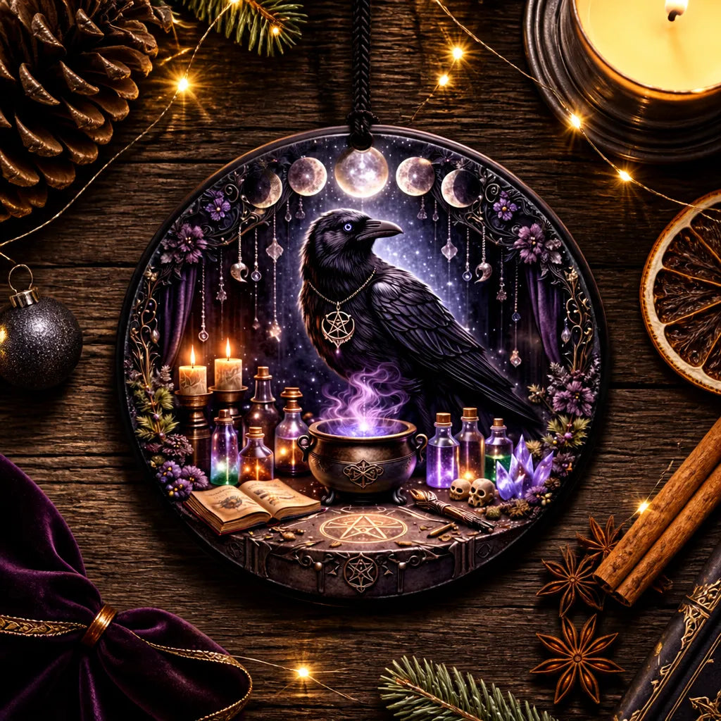 Gothic Black Raven Yule Ceramic Ornament with Moon Phase – Witchy Crow Christmas Ornament_mockup_3.webp