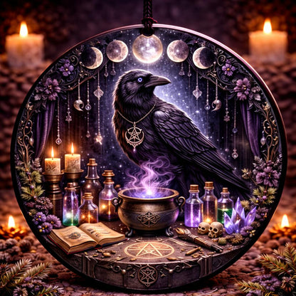 Gothic black raven ceramic ornament with moon phases, pentacle, cauldron, and candles.