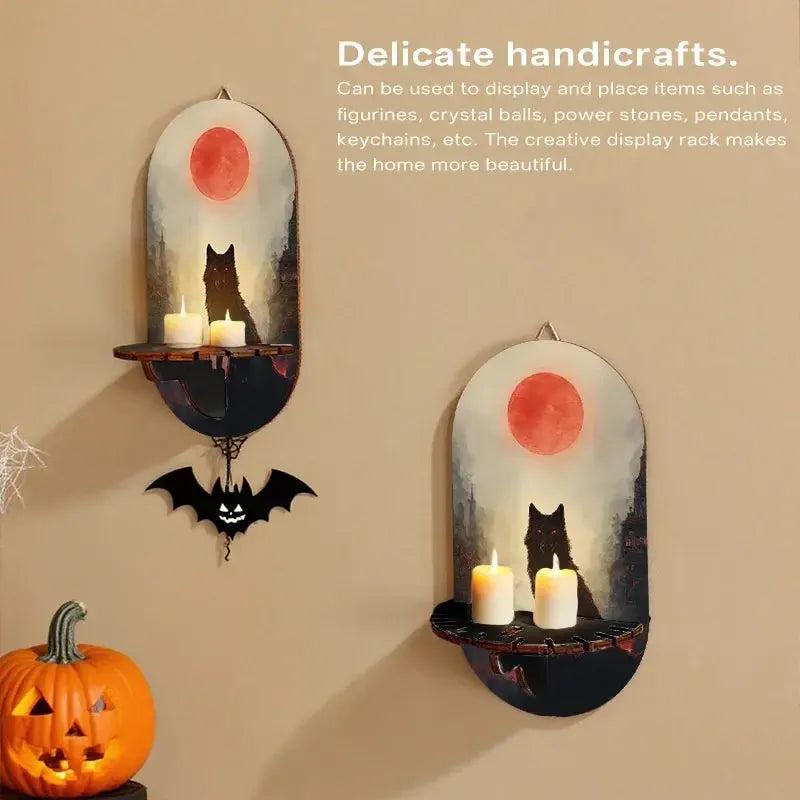 Gothic Black Wolf & Moon Wall Shelf for Crystals & Candles – Wooden Halloween Floating Shelf Witchy Altar Decor-MoonChildWorld