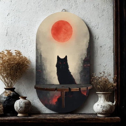 Gothic Black Wolf & Moon Wall Shelf for Crystals & Candles – Wooden Halloween Floating Shelf Witchy Altar Decor-MoonChildWorld