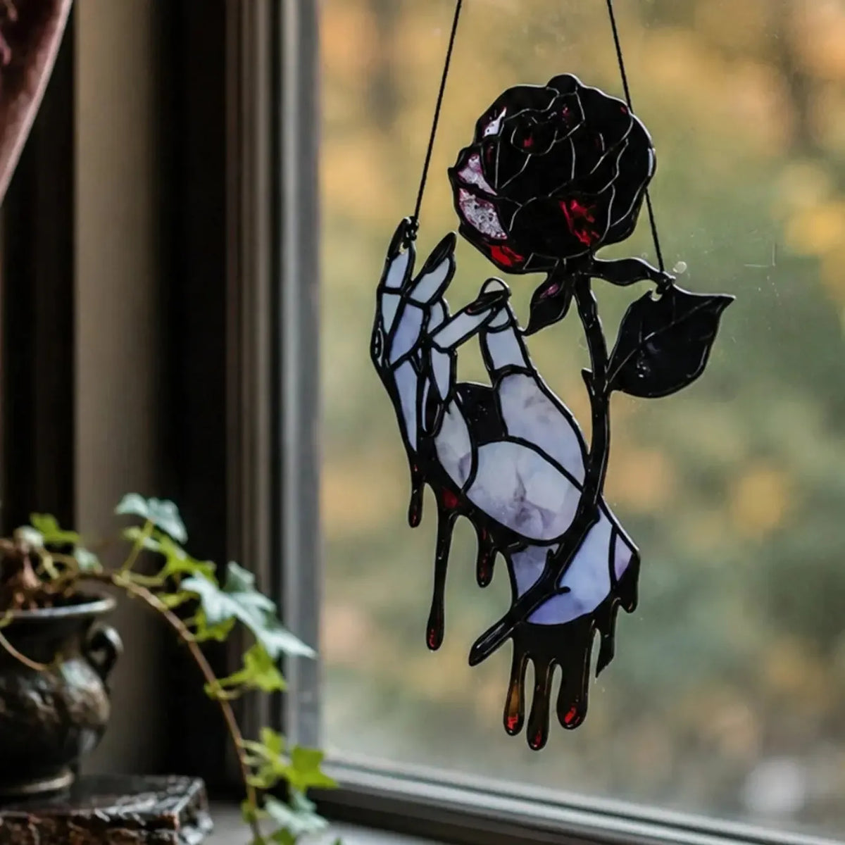 Gothic Bloody Rose Hand Suncatcher, Halloween Window Decor, product view 3 of 5