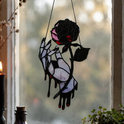 Gothic Bloody Rose Hand Suncatcher, Halloween Window Decor, product view 2 of 5