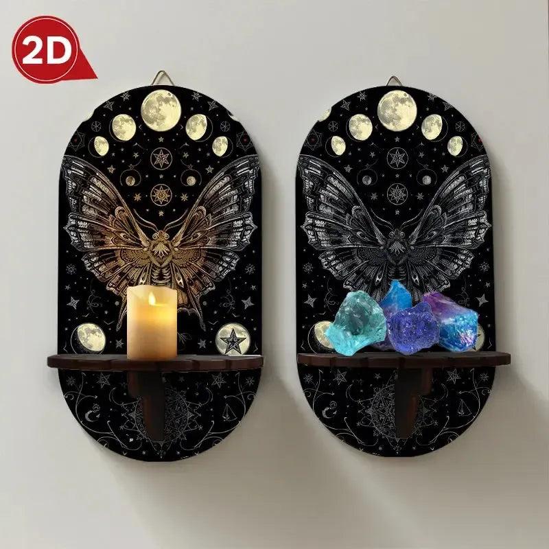 Gothic Butterfly and Moon Phase Wall Shelf – Wooden Halloween Floating Shelf Witchy Altar Decor-MoonChildWorld