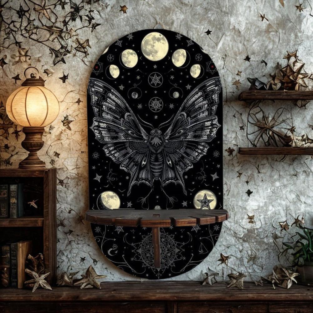 Gothic Butterfly and Moon Phase Wall Shelf – Wooden Halloween Floating Shelf Witchy Altar Decor-MoonChildWorld
