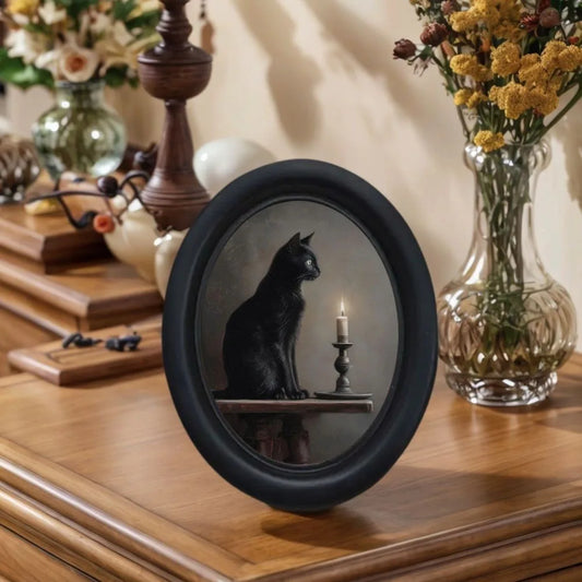 Gothic Candlestick Black Cat Oval Wall Decoration – close-up detail