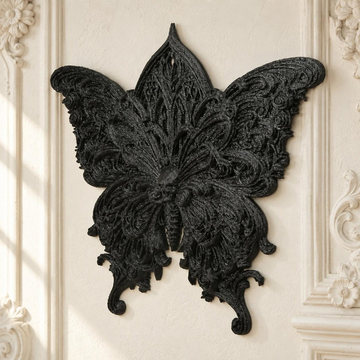 Gothic Carved Butterfly Wall Hanging Baroque Wall Ornament — view 2 showing carved details in a bright gothic vintage setting