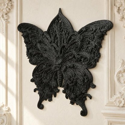 Gothic Carved Butterfly Wall Hanging Baroque Wall Ornament — view 2 showing carved details in a bright gothic vintage setting