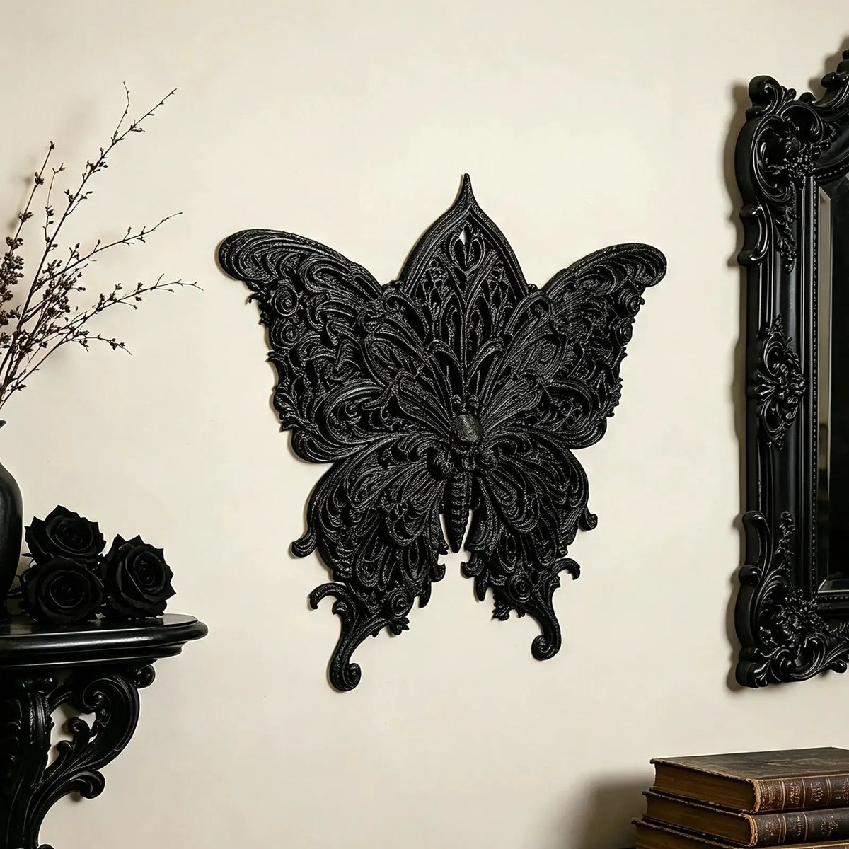 Gothic carved butterfly wall hanging in a baroque frame