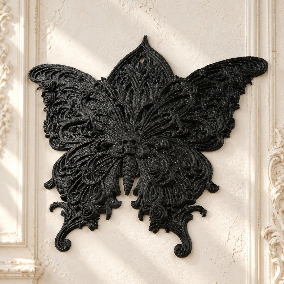 Gothic Carved Butterfly Wall Hanging Baroque Wall Ornament — view 3 showing carved details in a bright gothic vintage setting