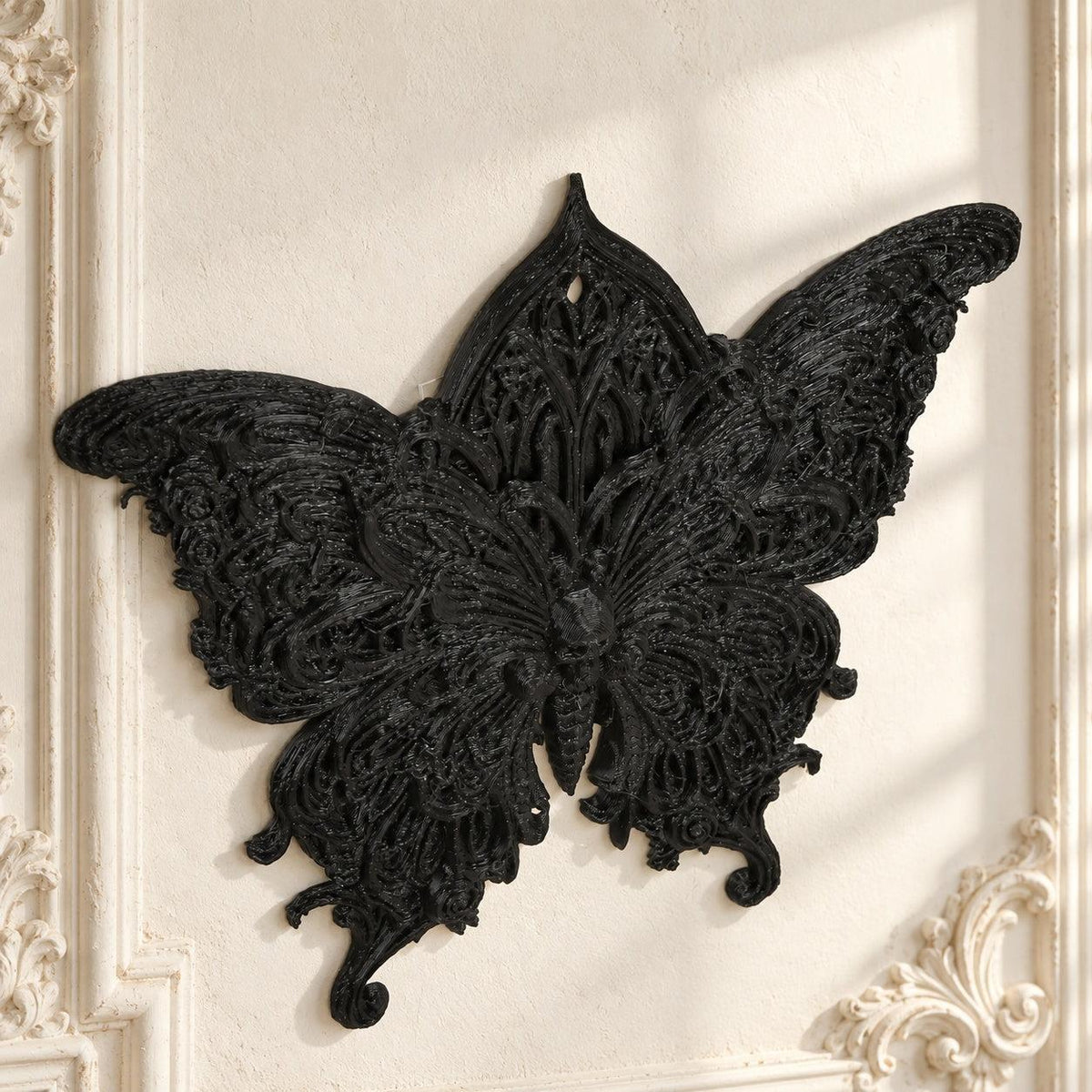 Gothic Carved Butterfly Wall Hanging Baroque Wall Ornament — view 5 showing carved details in a bright gothic vintage setting