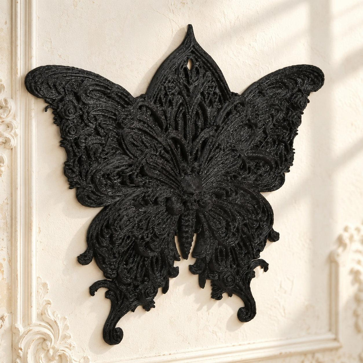 Gothic Carved Butterfly Wall Hanging Baroque Wall Ornament — view 4 showing carved details in a bright gothic vintage setting